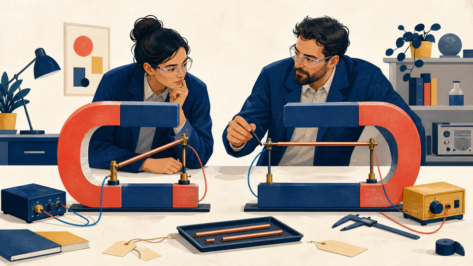 Two engineers compare separate current-carrying conductor prototypes positioned at different angles between magnet poles.