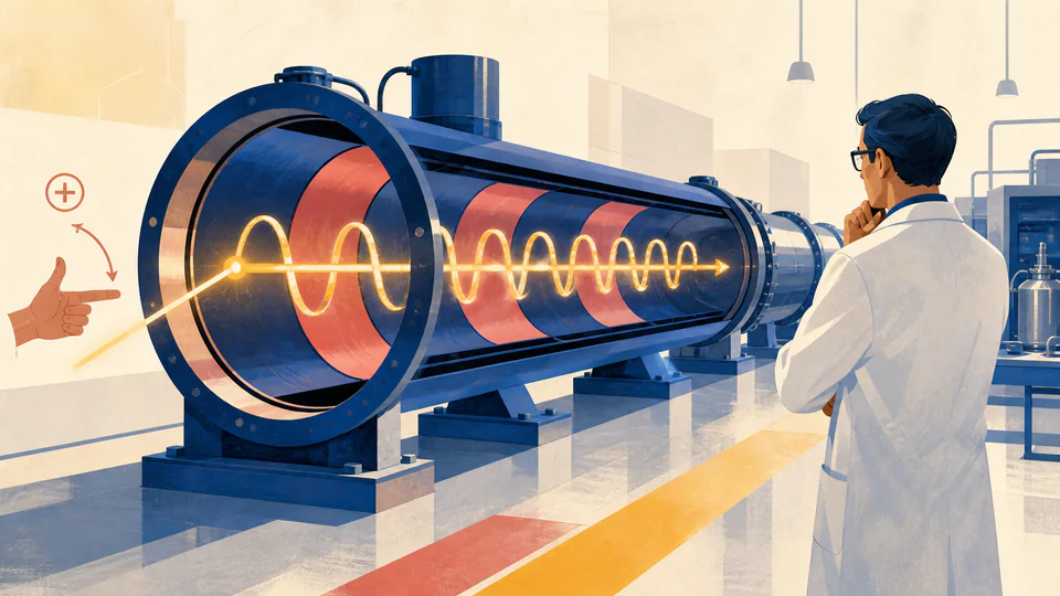 A beamline physicist follows a charged particle spiralling through a cylindrical uniform magnetic-field chamber.