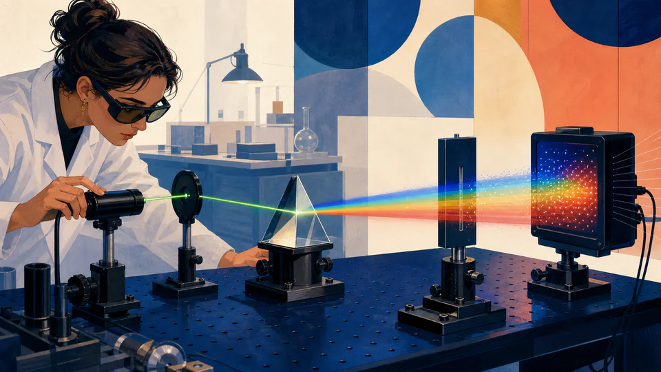 A spectroscopy researcher aligns a monochromatic light source with a prism and photon detector on an optical bench.
