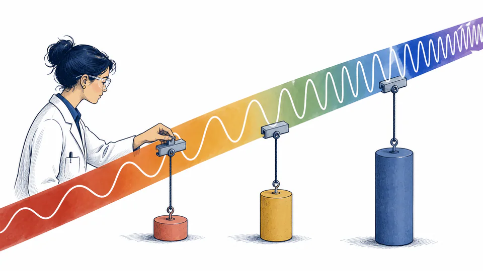 Editorial spectrum ribbon where wavelength packets lift different energy weights without a calculator device