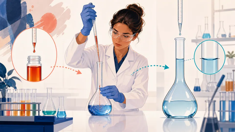 A laboratory scientist transfers a small stock aliquot with a pipette into a volumetric flask and approaches the calibration mark with solvent.