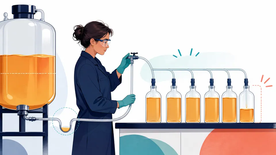 A laboratory coordinator draws usable stock from a reservoir while arranging a finite row of target-solution bottles and accounting for line hold-up.