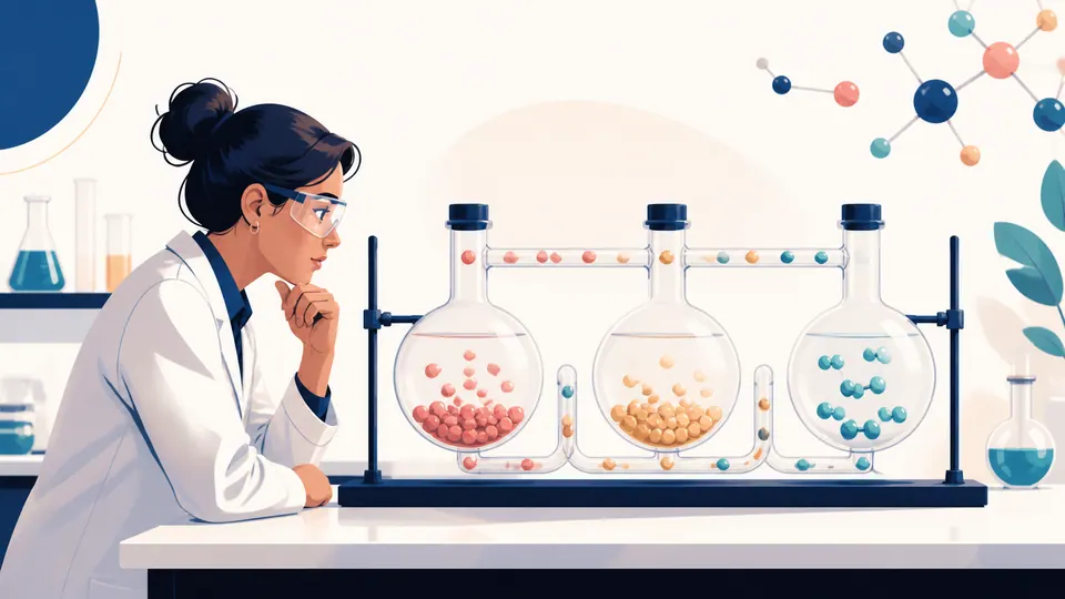 A chemist compares three labeled-free solution vessels on a balance bench while reversible transfer between reactants and product is implied by tubing.