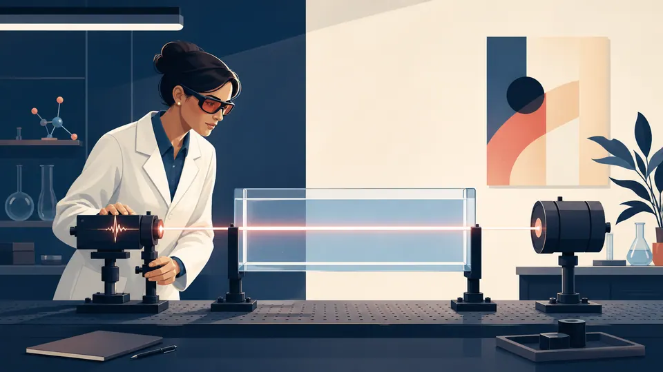 An optics researcher aligns a pulsed light source through a single uniform transparent chamber while timing equipment records the transit.