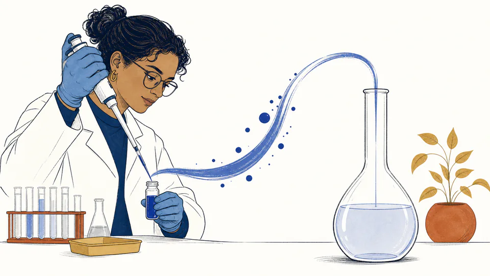 Laboratory scientist pipetting concentrated blue stock into a volumetric flask for a precise dilution