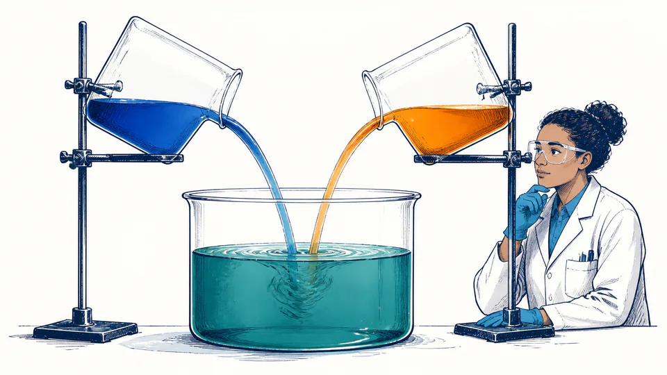 Two differently colored laboratory solutions pouring into a shared mixing vessel while a scientist observes