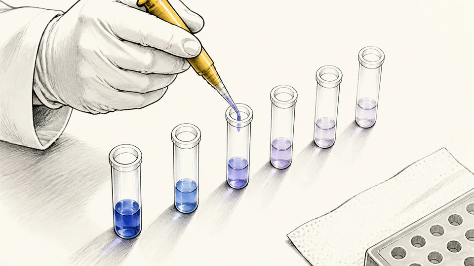 Gloved hand transferring liquid along a row of progressively lighter serial dilution tubes