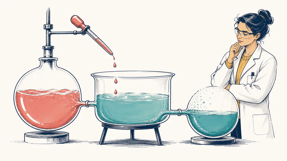 Laboratory buffer apparatus receiving measured reagent drops while a scientist watches reserve vessels
