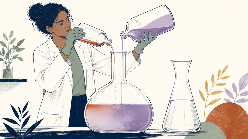 Scientist pouring two colored conjugate buffer stocks into a large batch vessel with water nearby