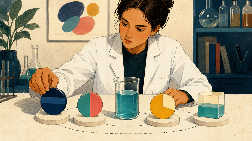 Editorial laboratory scene with a scientist translating pH, ratio, fraction, and concentration notes between a notebook and sample bottles