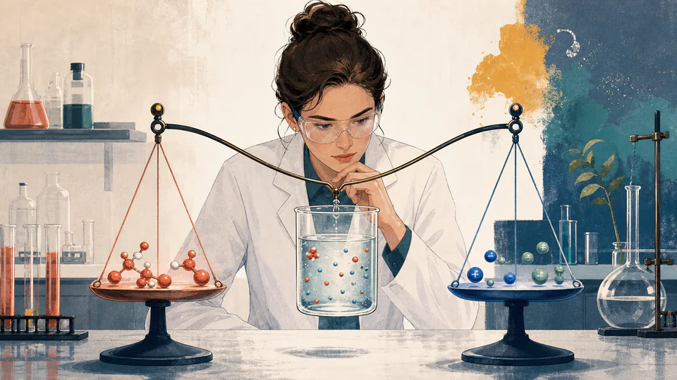 Editorial laboratory scene of a chemist balancing acid species and electrical charge on transparent layers beside a sample vessel