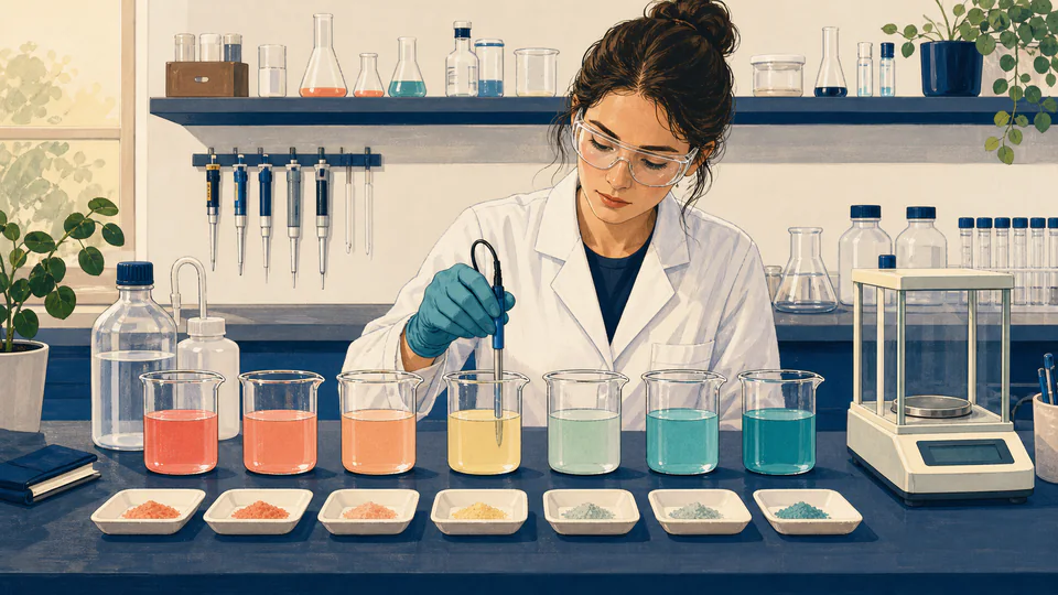 Editorial laboratory scene with seven labeled buffer vessels arranged as a pH screening panel while a scientist checks a preparation table