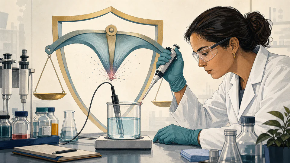 Scientist adding a measured acidic challenge to a buffered sample while watching a pH response trace in an editorial laboratory scene