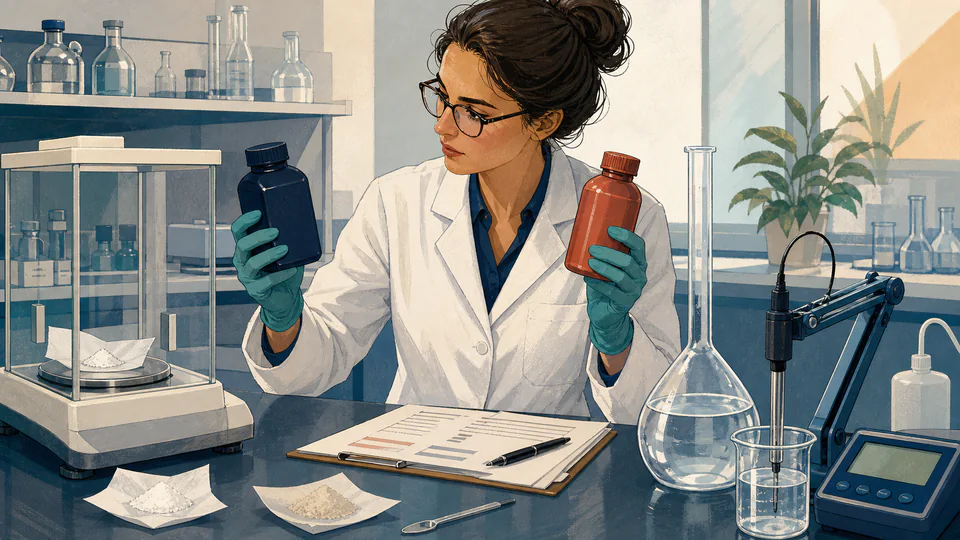 Laboratory scientist weighing two labeled buffer reagents beside a volumetric flask and pH meter in a contemporary editorial scene