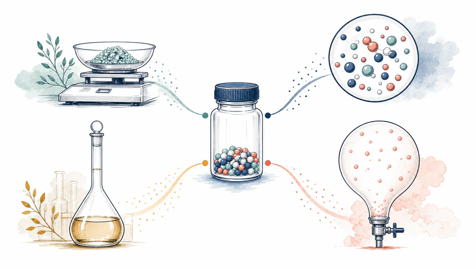 Central substance sample connected to a balance, molecular view, volumetric flask and gas bulb
