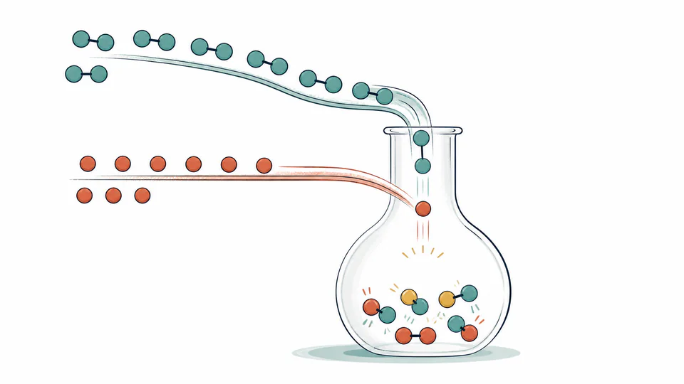Two reagent streams entering a reaction vessel with one stream ending first