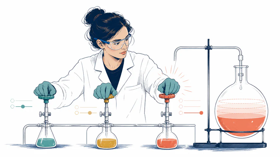 Scientist adjusting three laboratory controls connected to one product collection vessel