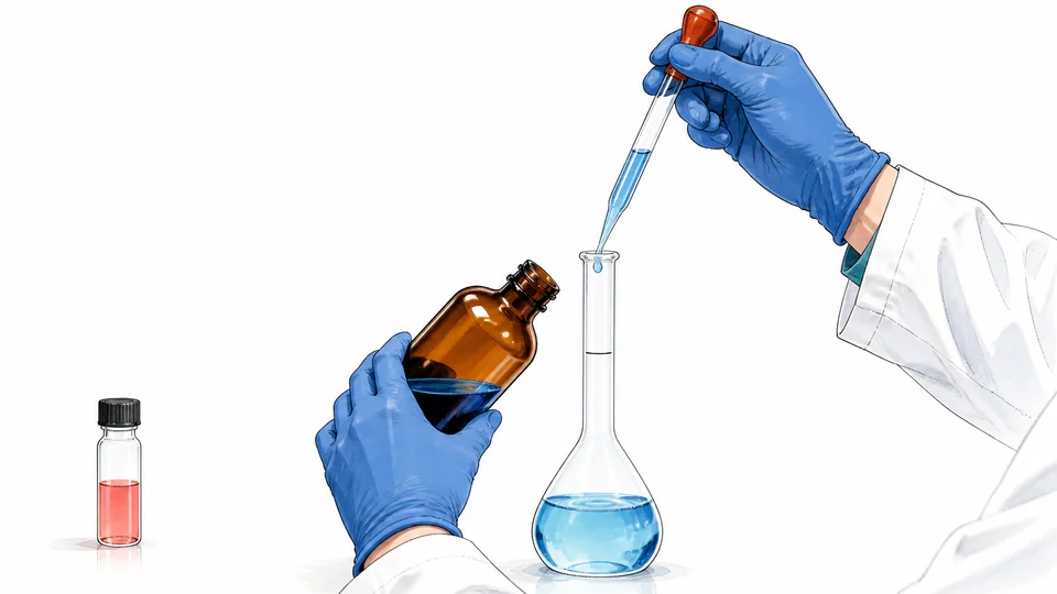 Gloved hands pipetting stock solution into a volumetric flask near its calibration mark