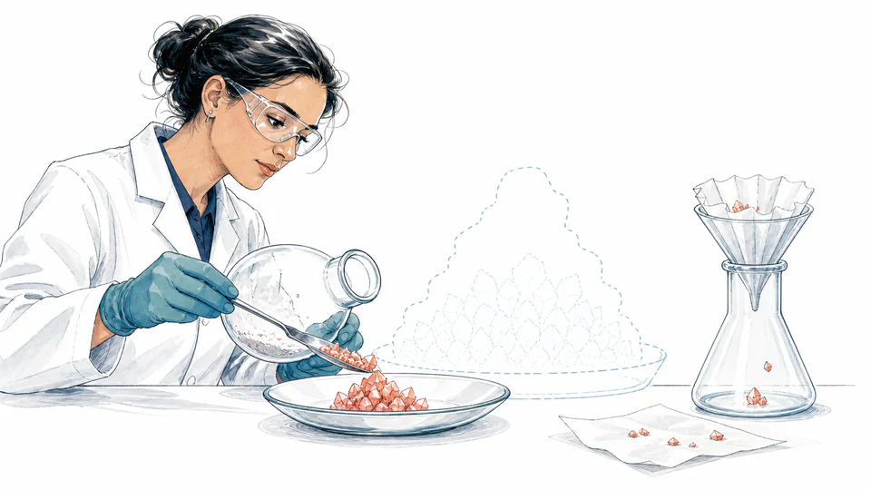 Scientist recovering crystals while a larger outlined theoretical amount remains behind