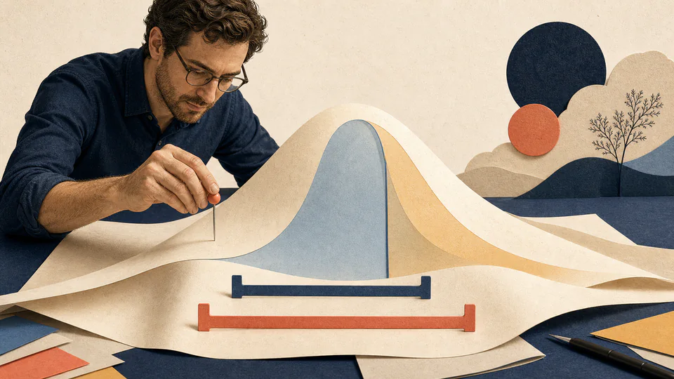 Editorial illustration of an analyst placing an observation pin and interval brackets on a softly curved normal-distribution paper landscape