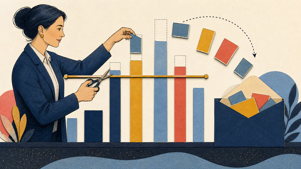 Editorial illustration of a planner measuring only the portion of outcome bars extending above a contract threshold and placing their value into a portfolio ledger