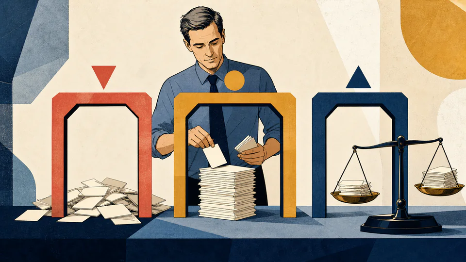 Editorial illustration of a service manager sorting measurement cards through lower, acceptable, and upper gates while an odds scale compares inside with outside