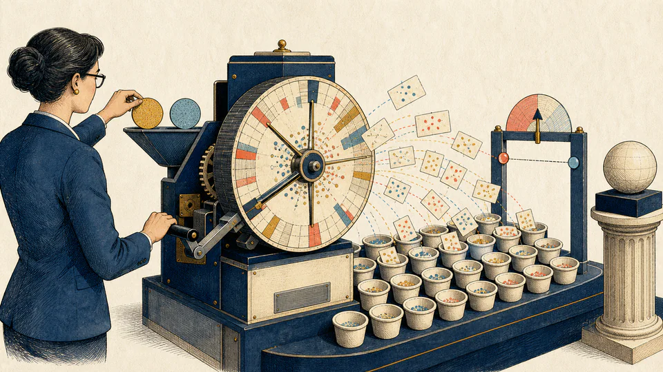 Editorial illustration of an analyst feeding uniform-number tickets into a Box-Muller wheel and receiving a bell-shaped collection of measurement cards