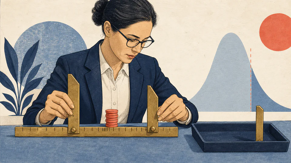 Editorial illustration of a quality analyst placing asymmetric confidence brackets around an incident-rate marker on an exposure ruler