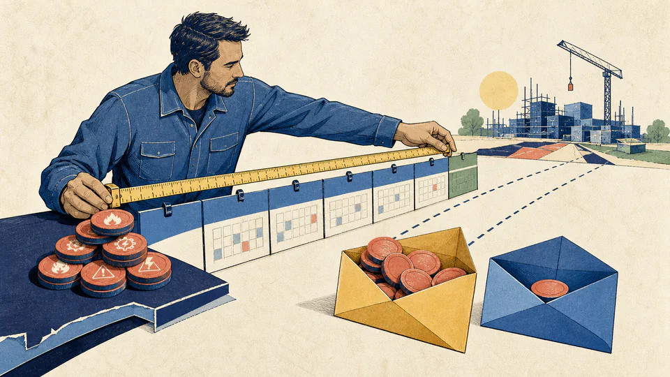 Editorial illustration of a maintenance planner extending an incident-rate ruler from historical records to a future calendar and budget envelope