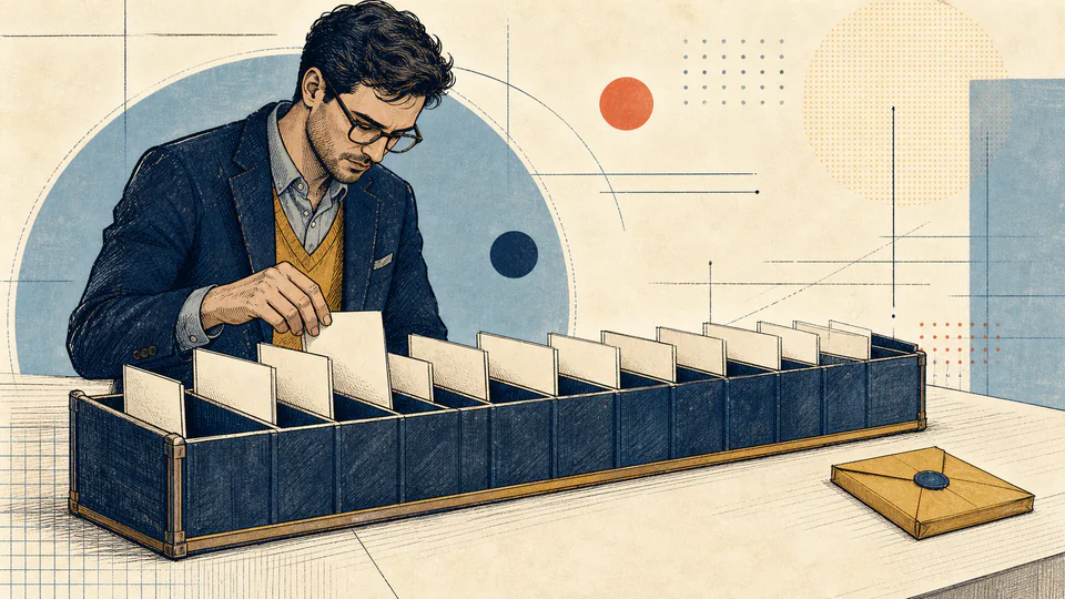 Editorial illustration of an analyst arranging numbered event cards into a probability ledger while a small remainder envelope stays visibly unfiled