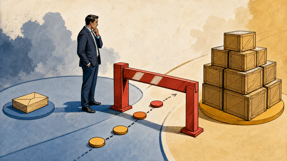 Editorial illustration of a risk manager balancing an average-loss envelope against a taller percentile reserve stack beside a red event threshold