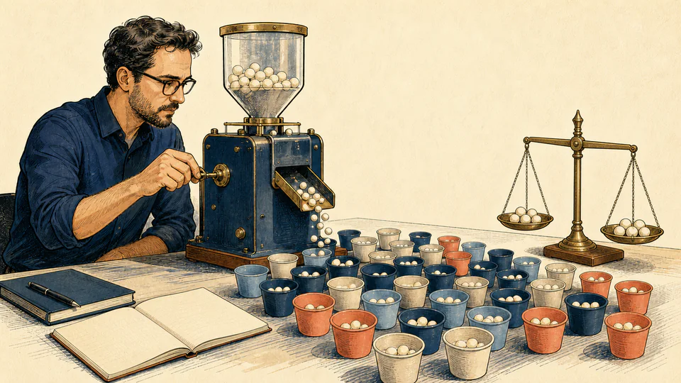 Editorial illustration of a reliability analyst operating a seeded probability machine that releases event-count tokens into sample trays