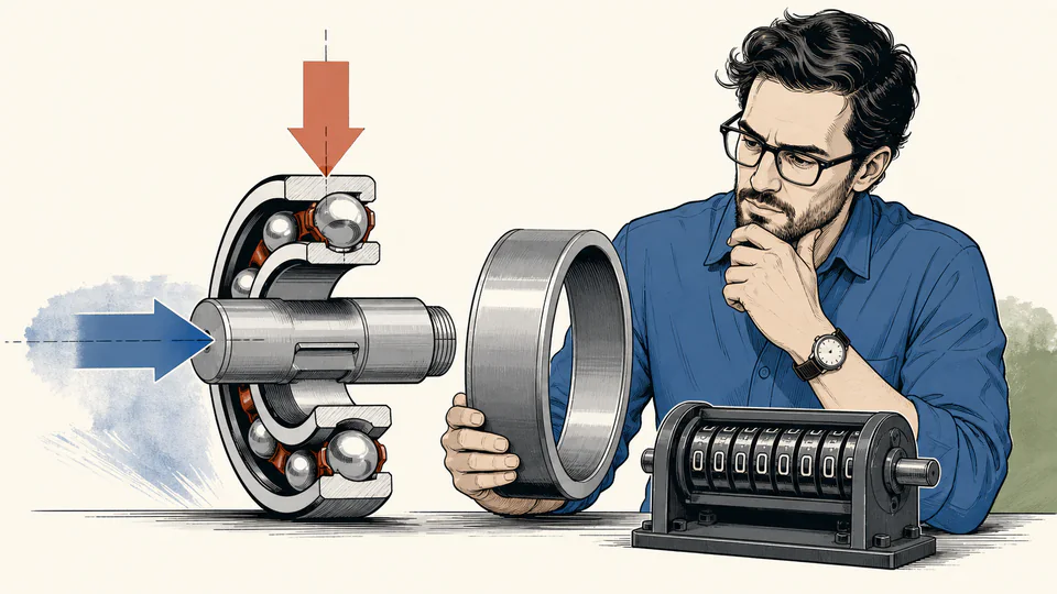 Editorial cutaway of a loaded bearing carrying radial and axial arrows while an engineer compares a catalog rating ring with a life counter