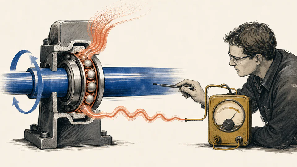 Editorial bearing cutaway shedding a small red heat plume while a technician traces torque through a shaft into an energy meter