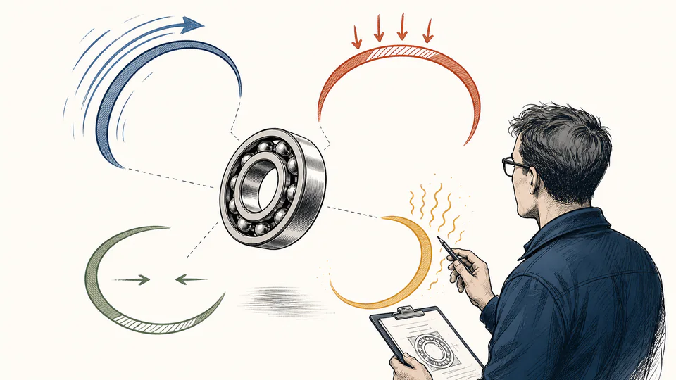 Editorial control-room scene where a bearing sits inside four separate arcs for speed, load, minimum load, and temperature while an operator checks the closest arc