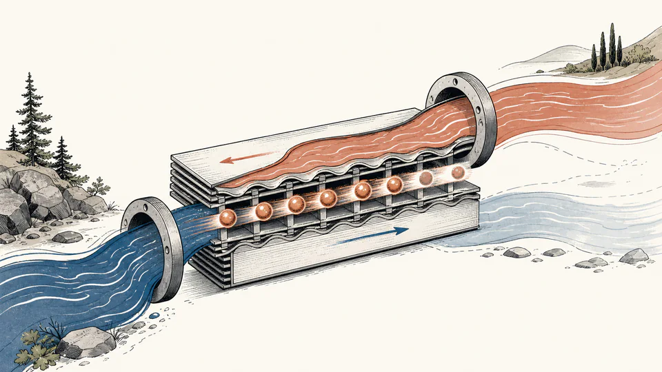 Editorial counterflow exchanger drawn as two opposing rivers through layered plates, with inlet heat divided into delivered duty and remaining temperature headroom