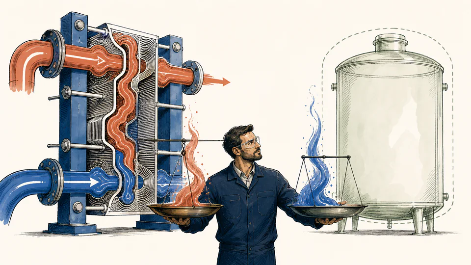 Editorial cutaway of two colored fluid paths exchanging heat through a plate wall while two separate energy ledgers are balanced by an engineer