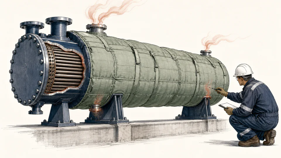 Editorial shell-and-tube exchanger wrapped in an insulation blanket with a few visible heat leaks escaping around nozzles while a technician maps the leak paths