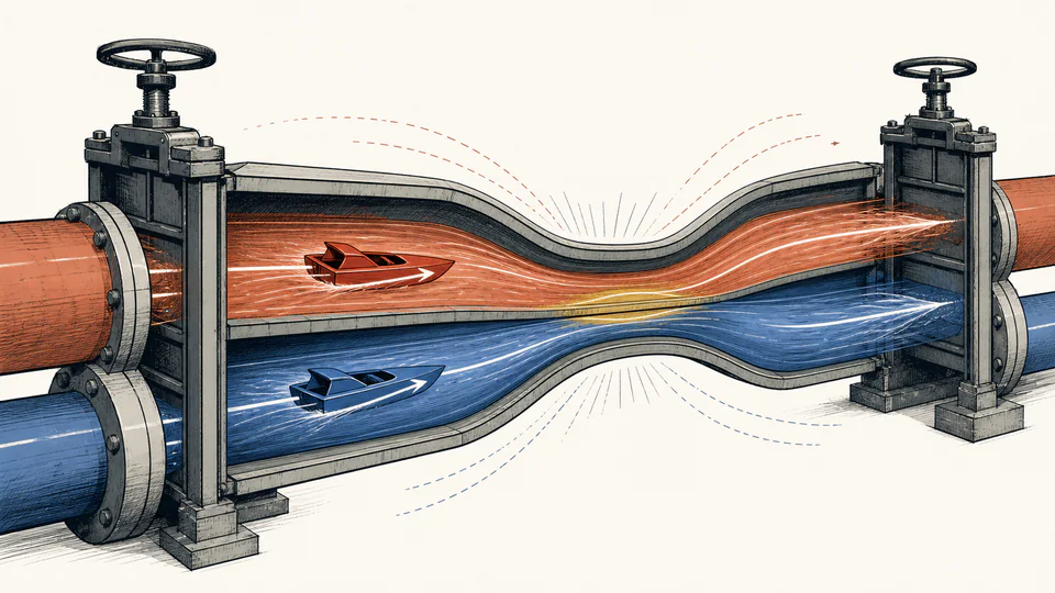 Editorial exchanger represented as a narrow navigable channel between a thermal pinch on one side and pressure-drop gates on the other, with hot and cold flow boats inside marked bands
