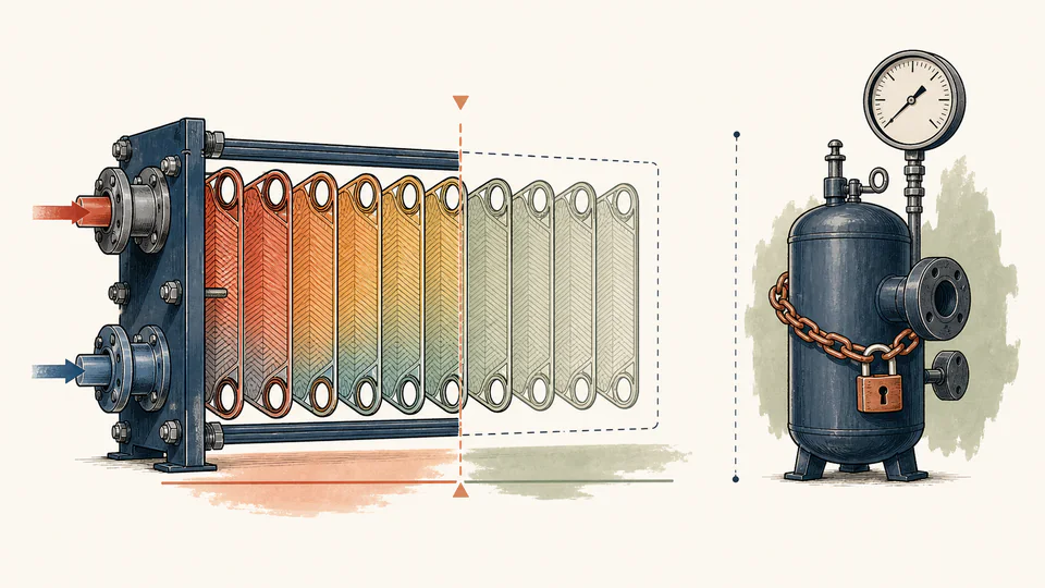 Editorial exchanger with heat-transfer plates extending past a required-duty line while a separate locked pressure gauge remains outside the thermal calculation
