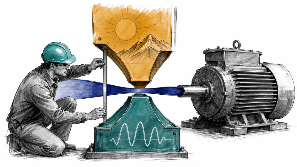 Editorial motor receiving power through two narrowing gates, one shaped by heat and altitude and one by a current clamp, before turning a shaft