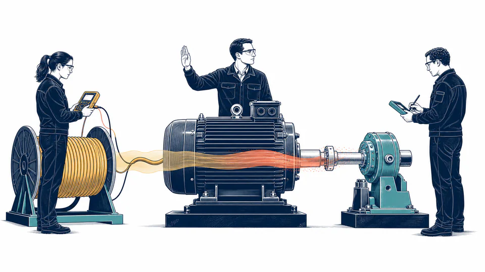 Editorial split-scale with an electrical analyzer on the left and a torque shaft on the right, joined by a visible band of heat loss