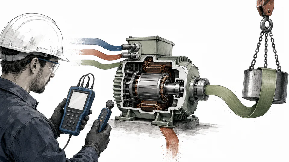 Editorial motor pulling a weighted drum while three electrical meter leads feed a power ribbon that narrows into shaft work