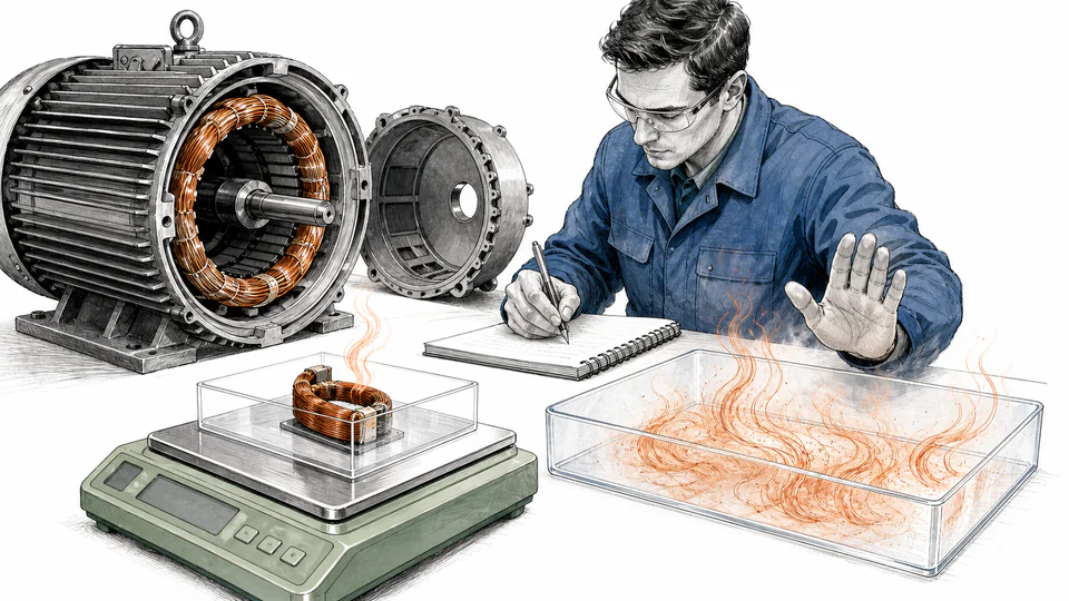 Editorial motor opened like a toolbox, with one copper coil loss placed on a scale and the remaining heat collected in an unlabeled evidence tray