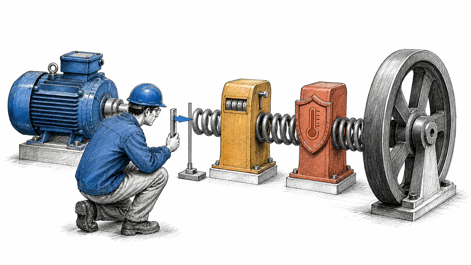 Editorial motor turning a heavy flywheel while a service-factor spring and heat limiter set the available torque arc