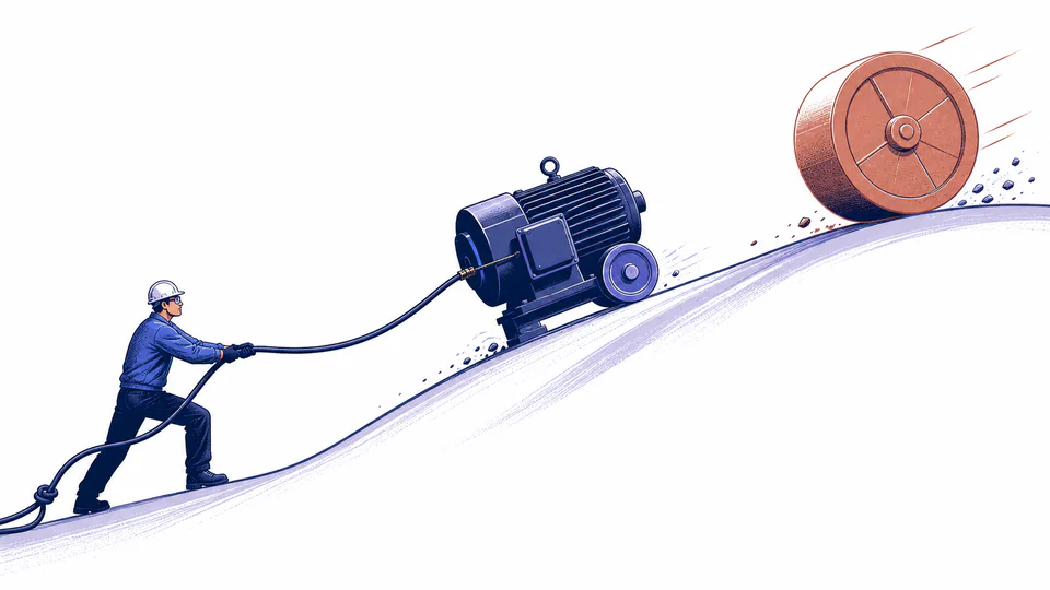 Editorial motor climbing a torque hill while a sagging electrical cable reduces its traction and a process weight grows ahead