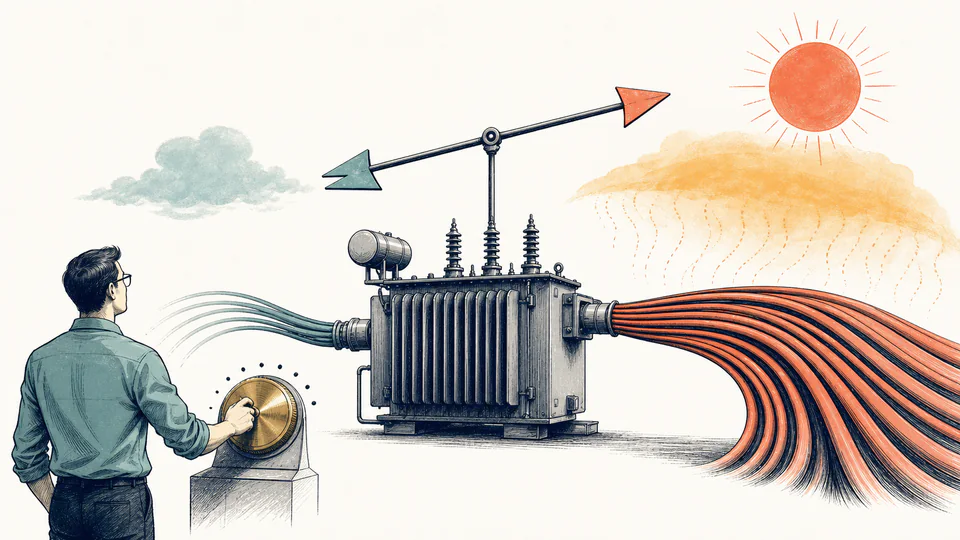 Editorial transformer bank connected to a triangular power diagram, with altitude, heat and waveform tokens trimming a transparent capacity container