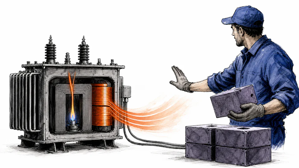 Editorial cutaway of a transformer carrying labeled demand blocks while a thermometer and waveform remove slices from its capacity reserve