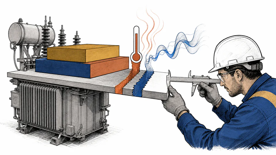 Editorial weather vane connected to a transformer scale, with a growing load stack on one side and a rising heat plume on the other