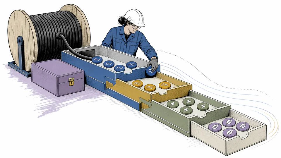 Editorial illustration of a cable spool feeding three nested containers by electrical form, with a reserved segment held back.